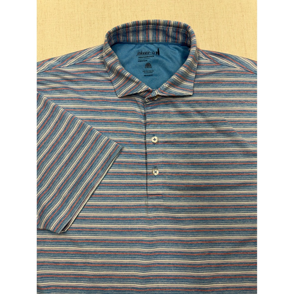 Johnnie-O Performance Polo Shirt Mens Medium Blue Striped UPF 50 Short Sleeve